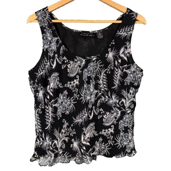 American Vintage Tops - Vintage 90s Silk Tank Top | XL | Black Paisley Floral Whimsigoth Boho